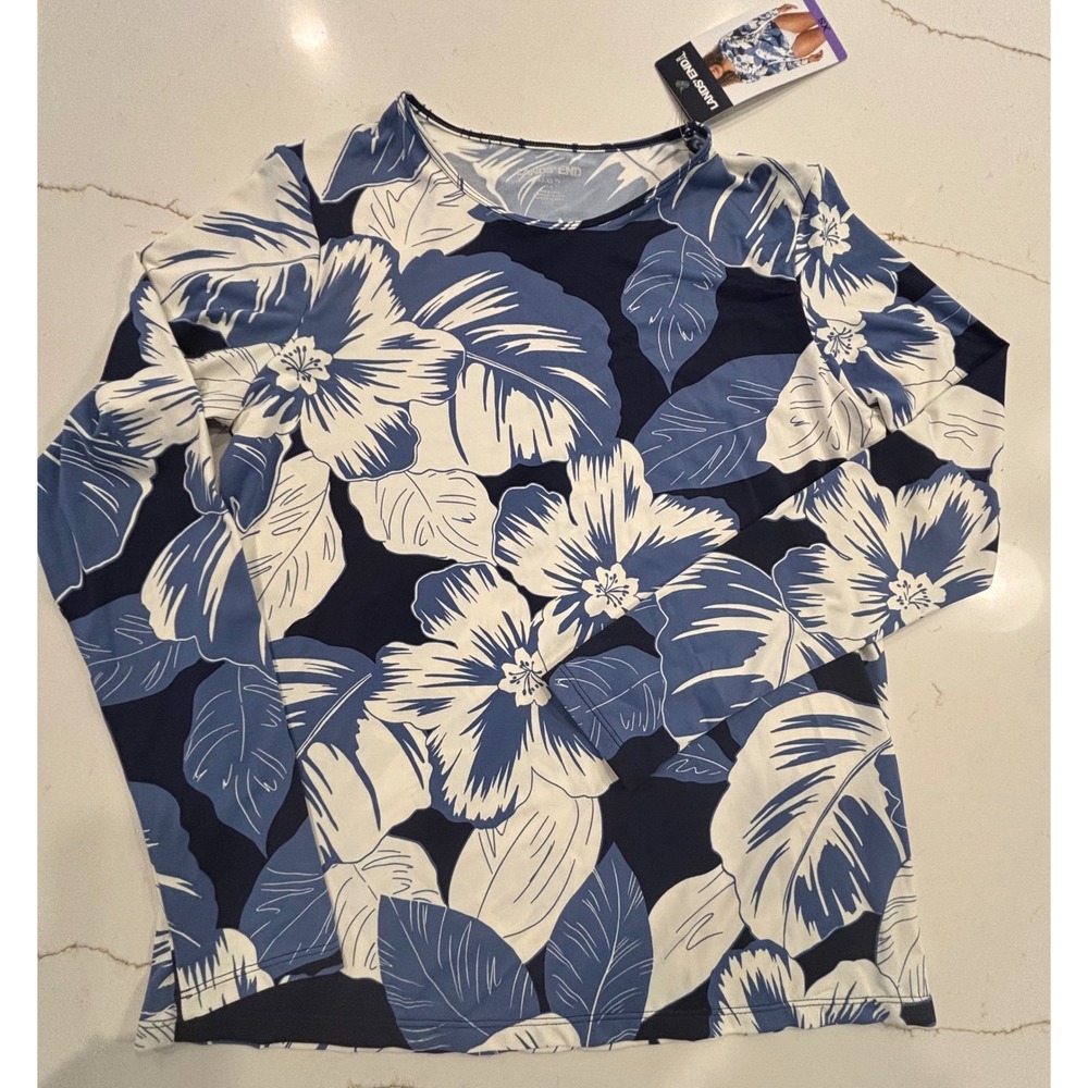Lands' End XS Rash Guard Women Blue Tropical Floral UPF 50 Long Sleeve Swim - Picture 2 of 6